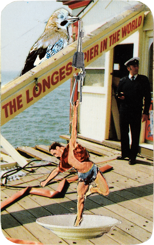 Angela Rohde - Kunstkreditkarte - Longest pier in the world mit Eichelhäher und dem Akrobaten Richard Schöffmann 49-02iii2006